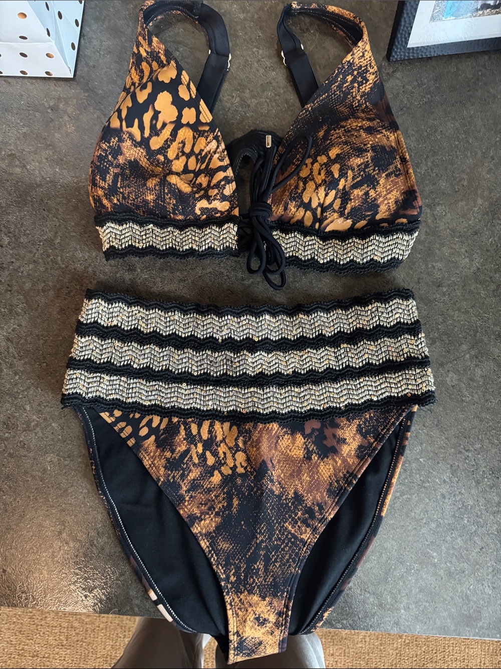 River Island Black and Gold Animal Print High-Waist Bikini